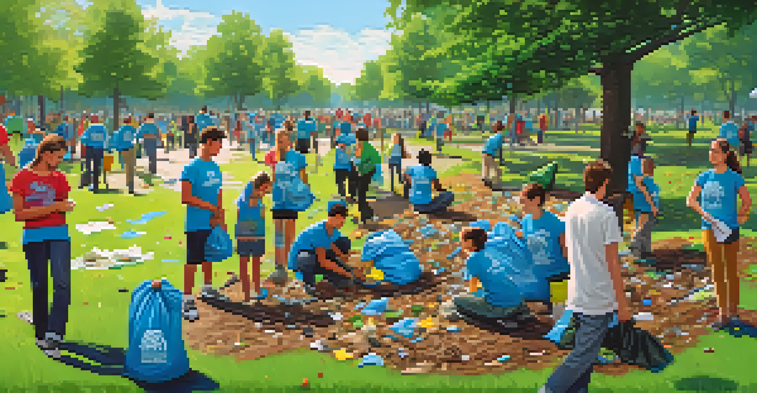 Students and community members participating in a park clean-up event, collecting litter together under a clear blue sky.