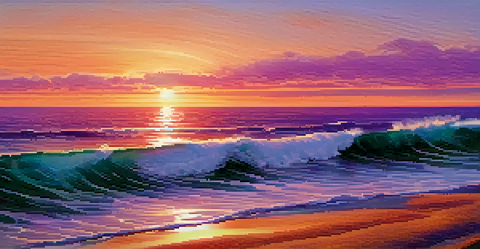 A sunset view over the Pacific Ocean with gentle waves and a modern wave energy converter on the beach in Santa Monica.
