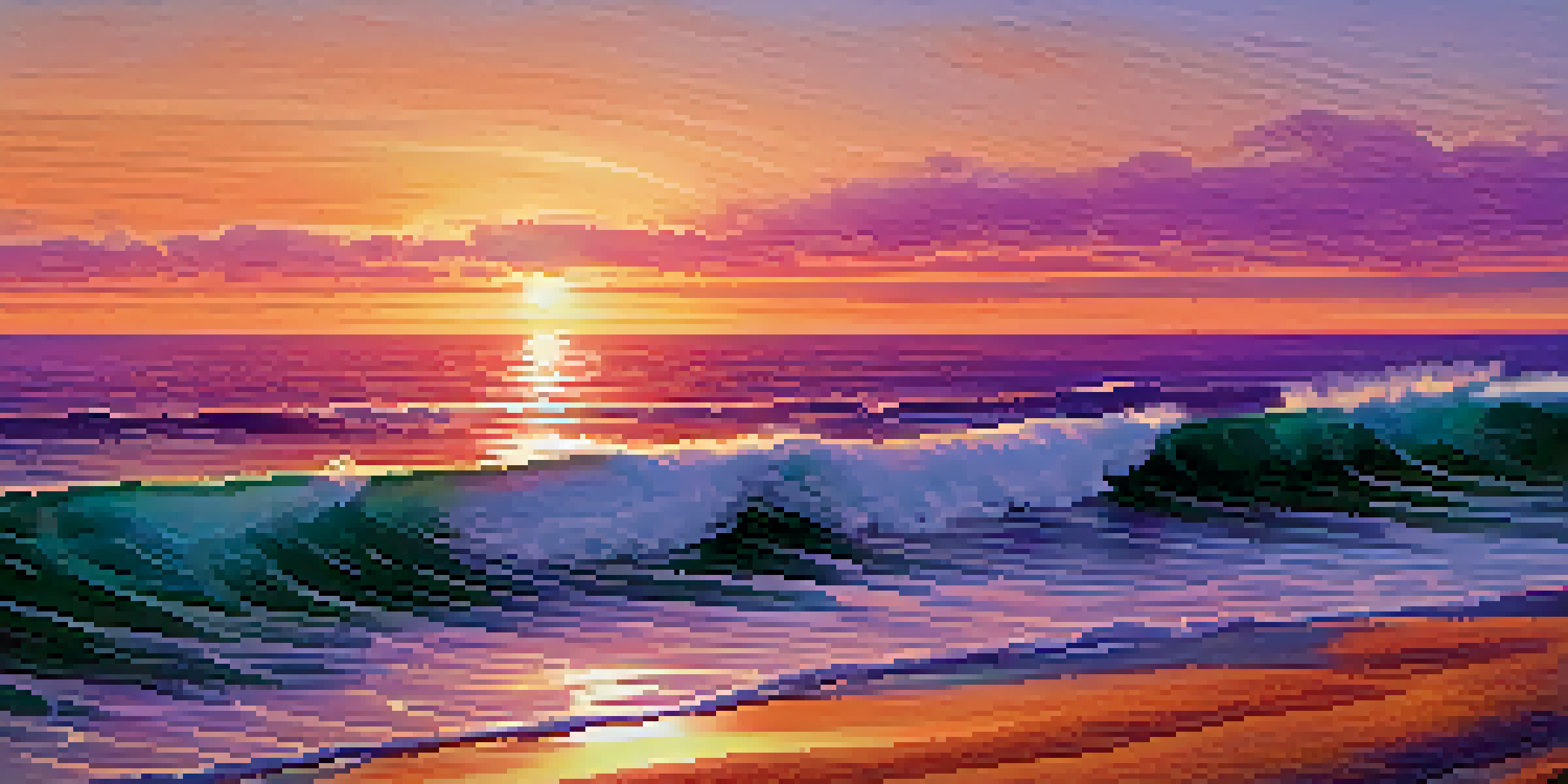 A sunset view over the Pacific Ocean with gentle waves and a modern wave energy converter on the beach in Santa Monica.