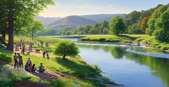 A group of diverse individuals testing water quality by a clear river in a green park, with sunlight filtering through trees and wildflowers in the foreground.