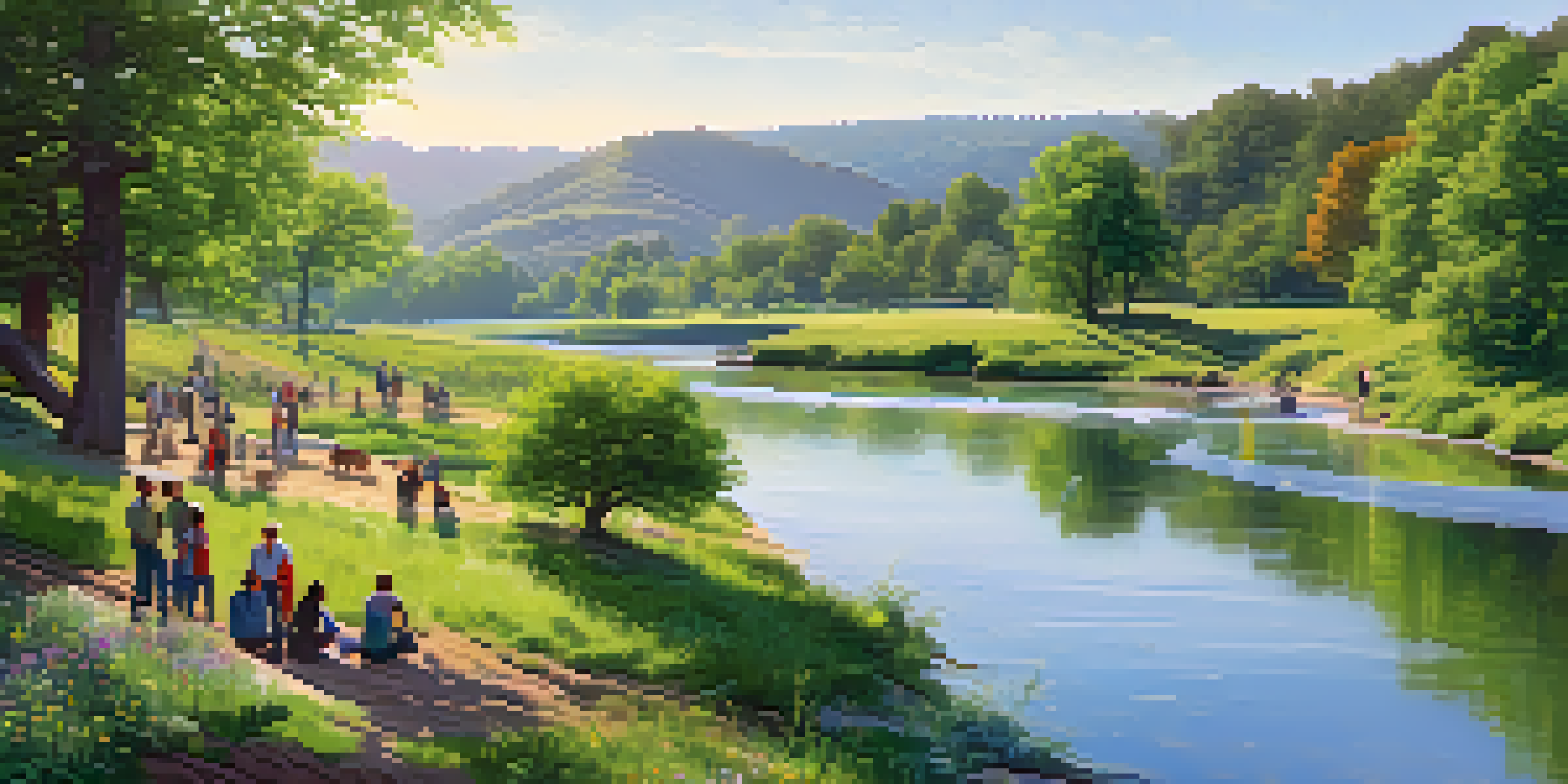 A group of diverse individuals testing water quality by a clear river in a green park, with sunlight filtering through trees and wildflowers in the foreground.