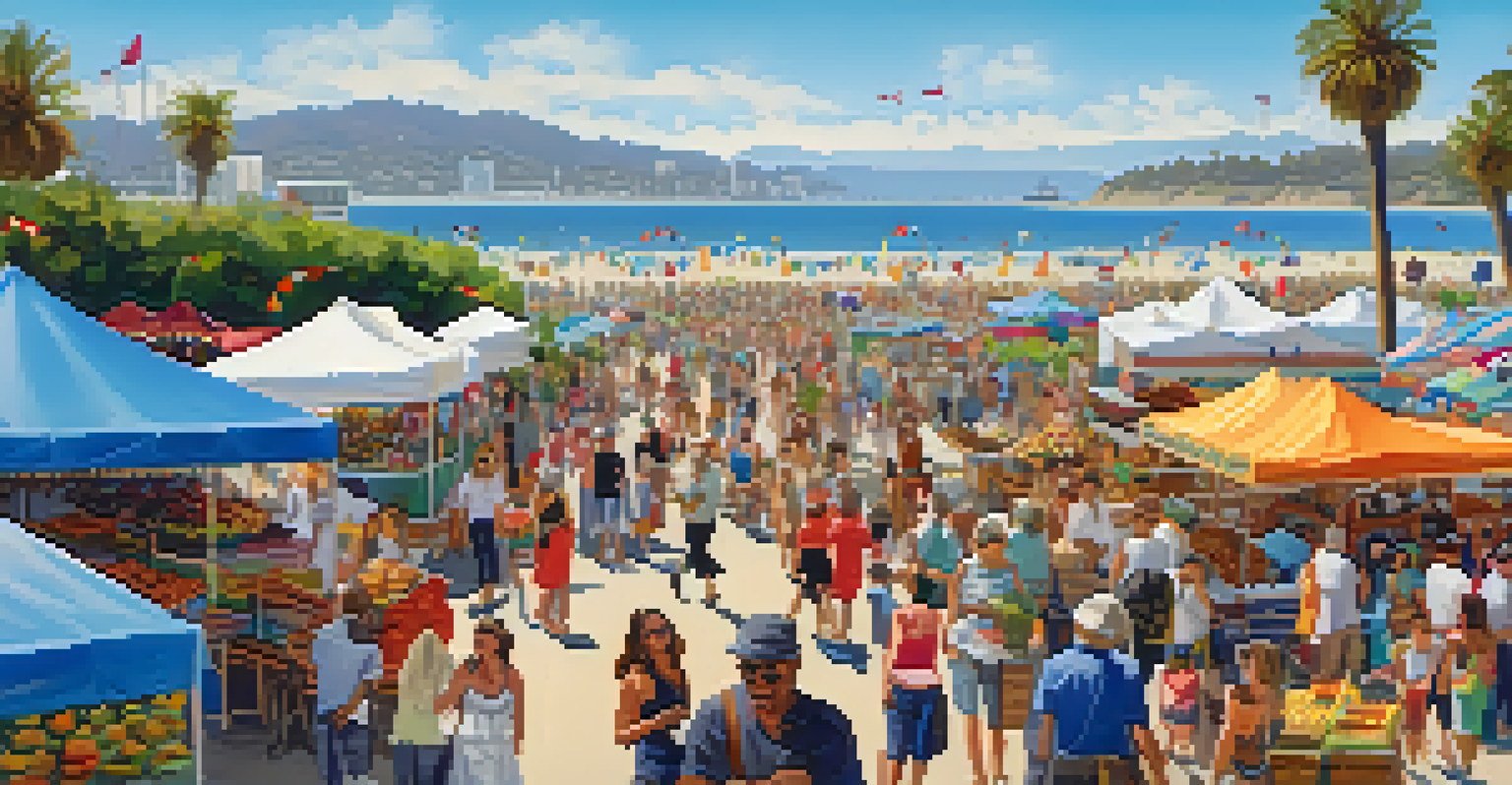 A bustling food festival at Santa Monica Beach with local vendors and people enjoying various cuisines under a blue sky.