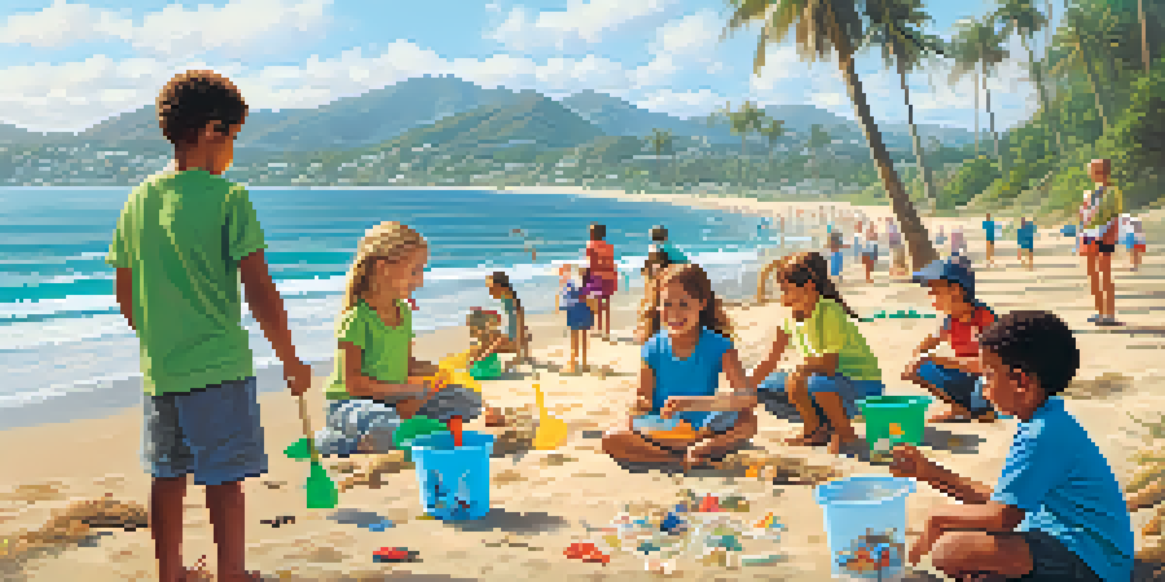 A lively beach scene with volunteers of various ages and ethnicities participating in a coastal clean-up, collecting litter under a sunny sky.