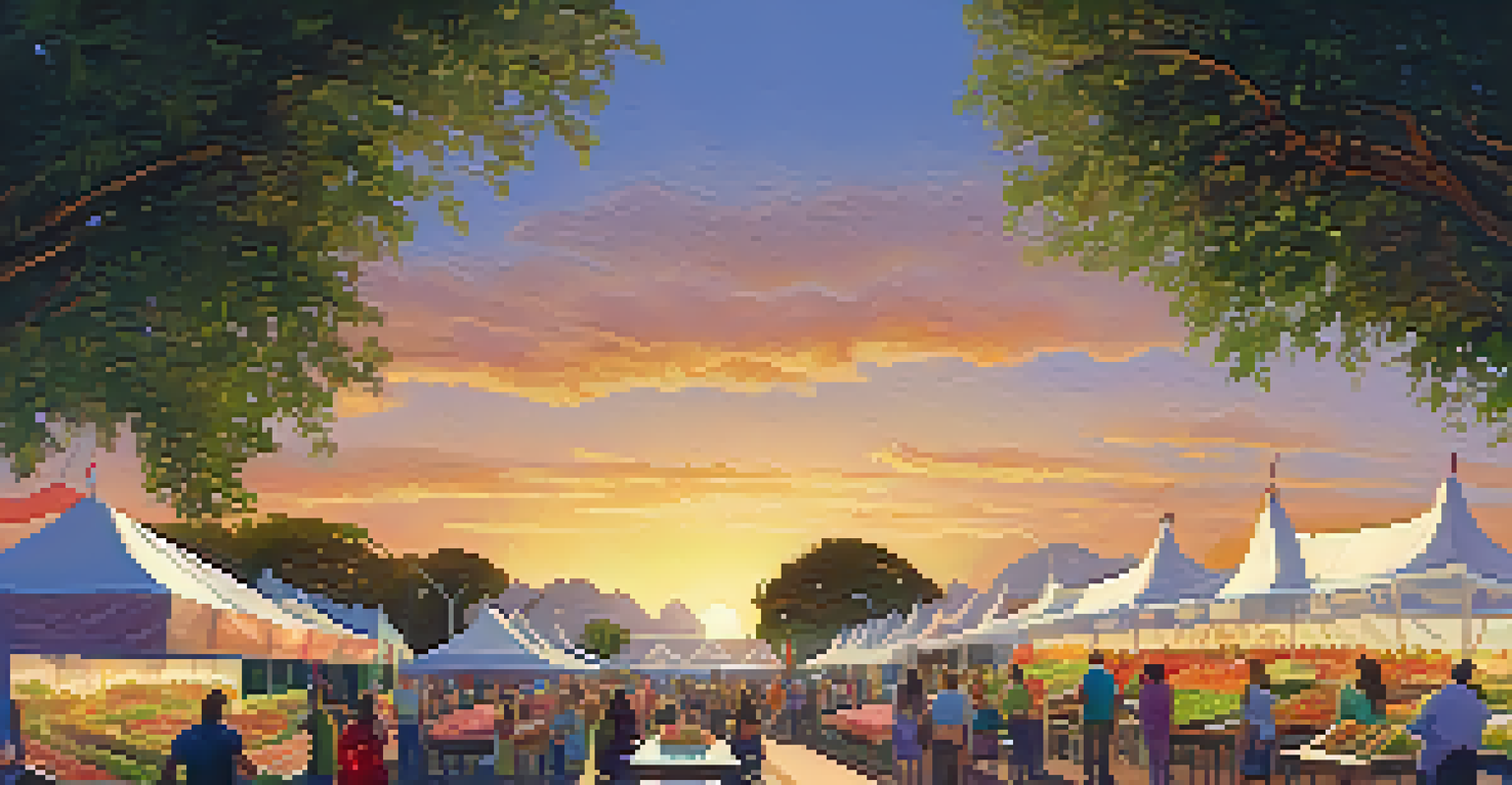 A vibrant harvest festival in a community garden, with tables of fresh produce and people enjoying food and laughter under a golden sunset.