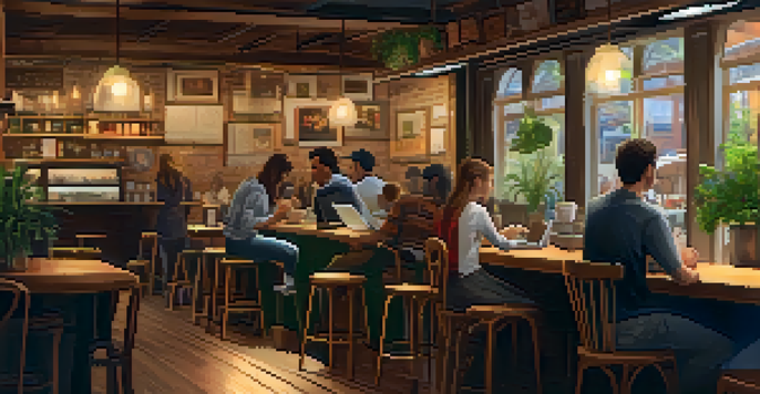 A warm and inviting café interior with wooden furniture, people working on laptops, and a barista making coffee.