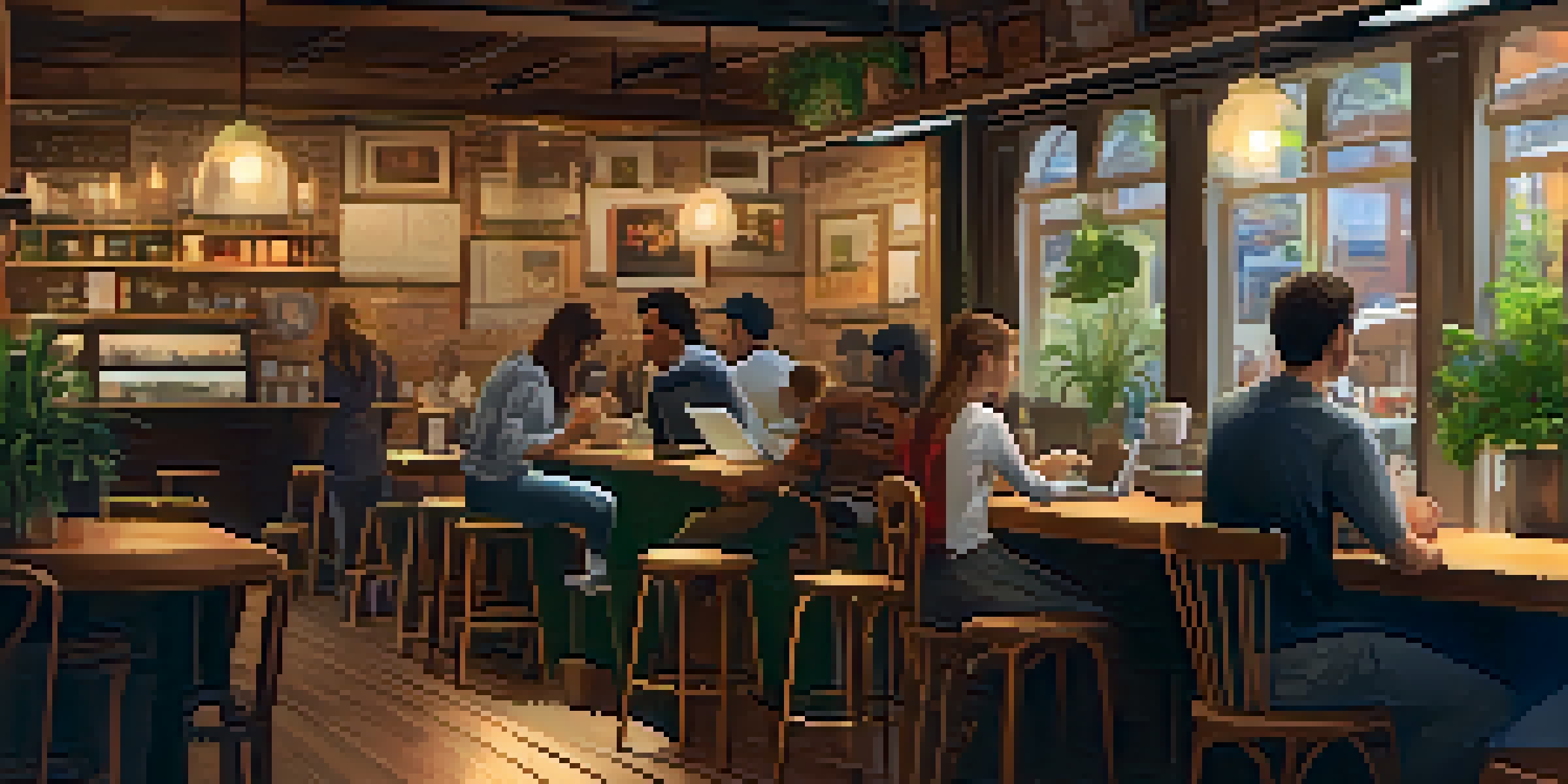 A warm and inviting café interior with wooden furniture, people working on laptops, and a barista making coffee.