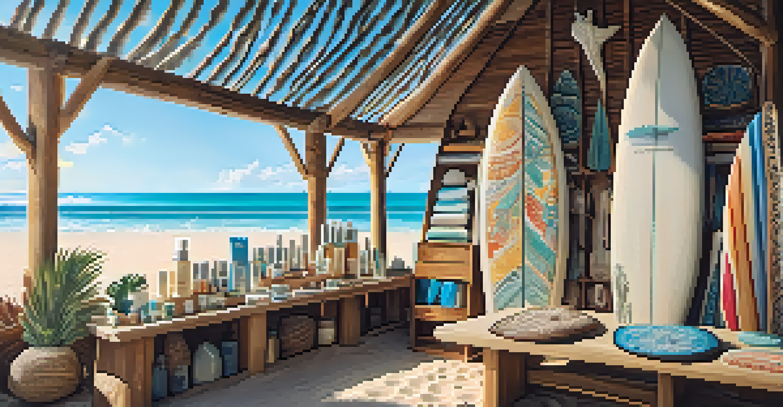 A vendor's stall displaying colorful handcrafted surfboards and eco-friendly skincare products, with natural elements in the background.