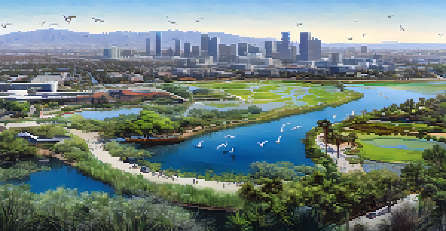 An aerial view of the Ballona Wetlands showcasing green vegetation and waterways, with the Santa Monica skyline in the background.