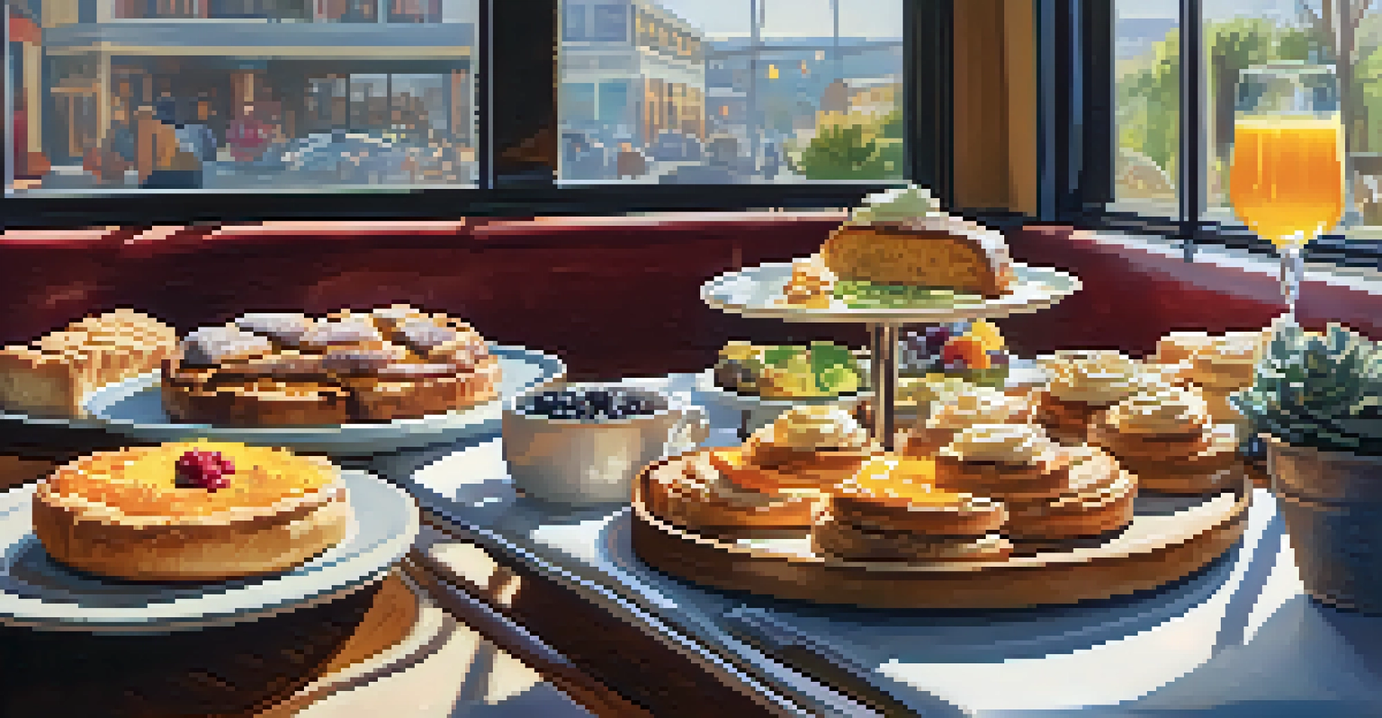 A brunch table filled with delicious pastries, avocado toast, and quiche at Huckleberry Bakery & Cafe, with warm morning light illuminating the scene.