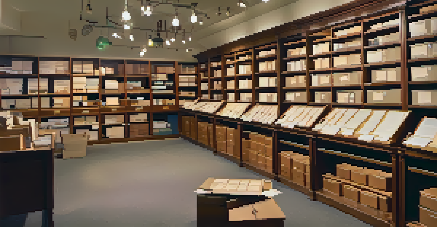 An archive room filled with shelves of organized boxes of documents, maps, and photographs at the Santa Monica Historical Society, illuminated by warm lighting.