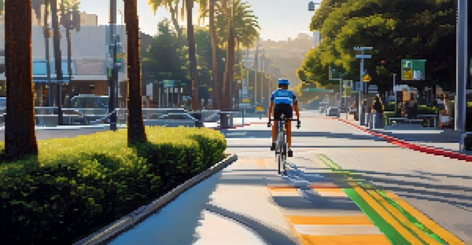 A close-up of a cyclist riding on a safe bike lane in Santa Monica, showcasing the lane's safety barriers and vibrant surroundings.