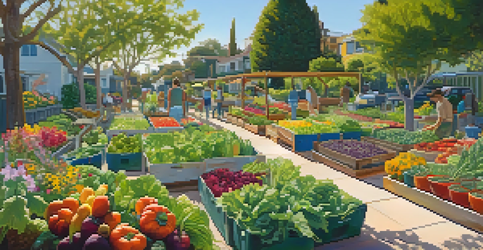 A community garden in Santa Monica with diverse residents tending to colorful vegetables and flowers under a sunny sky.