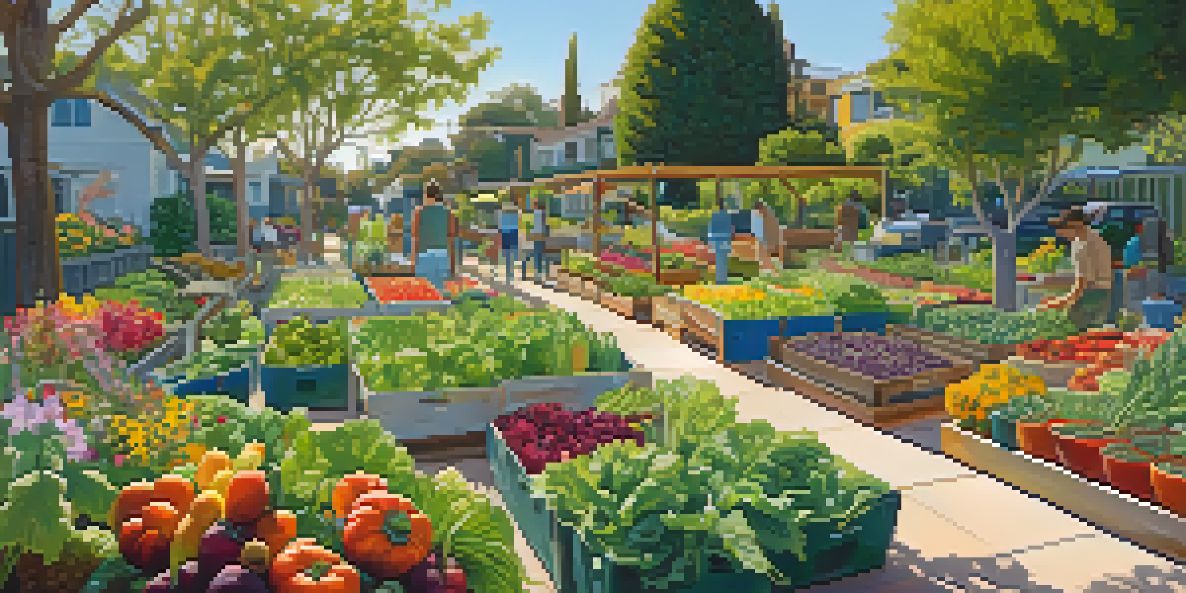 A community garden in Santa Monica with diverse residents tending to colorful vegetables and flowers under a sunny sky.