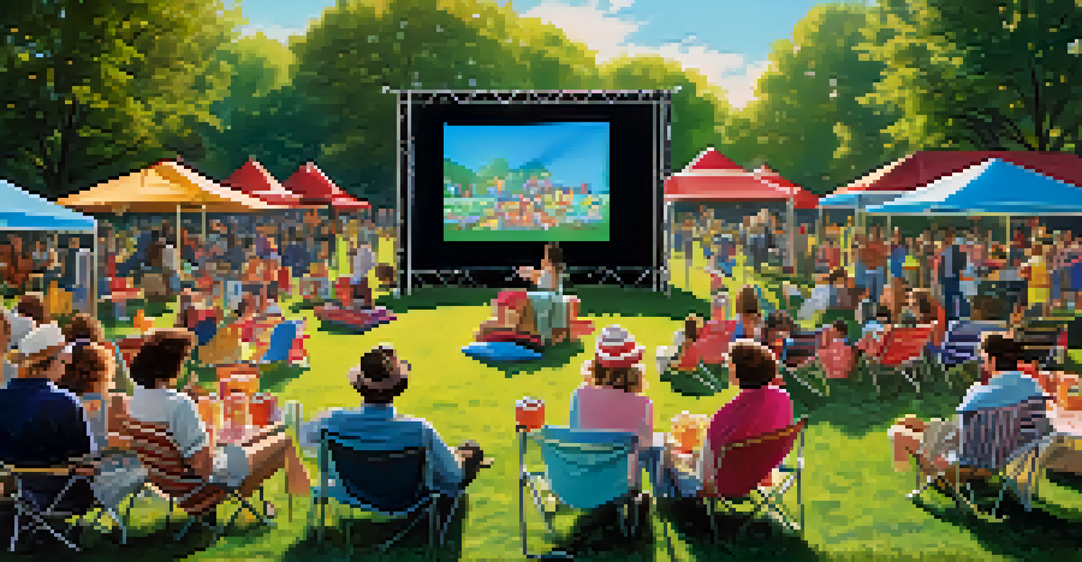 A lively themed outdoor movie night in a park with attendees in 1980s costumes enjoying snacks and a classic film on a large screen.