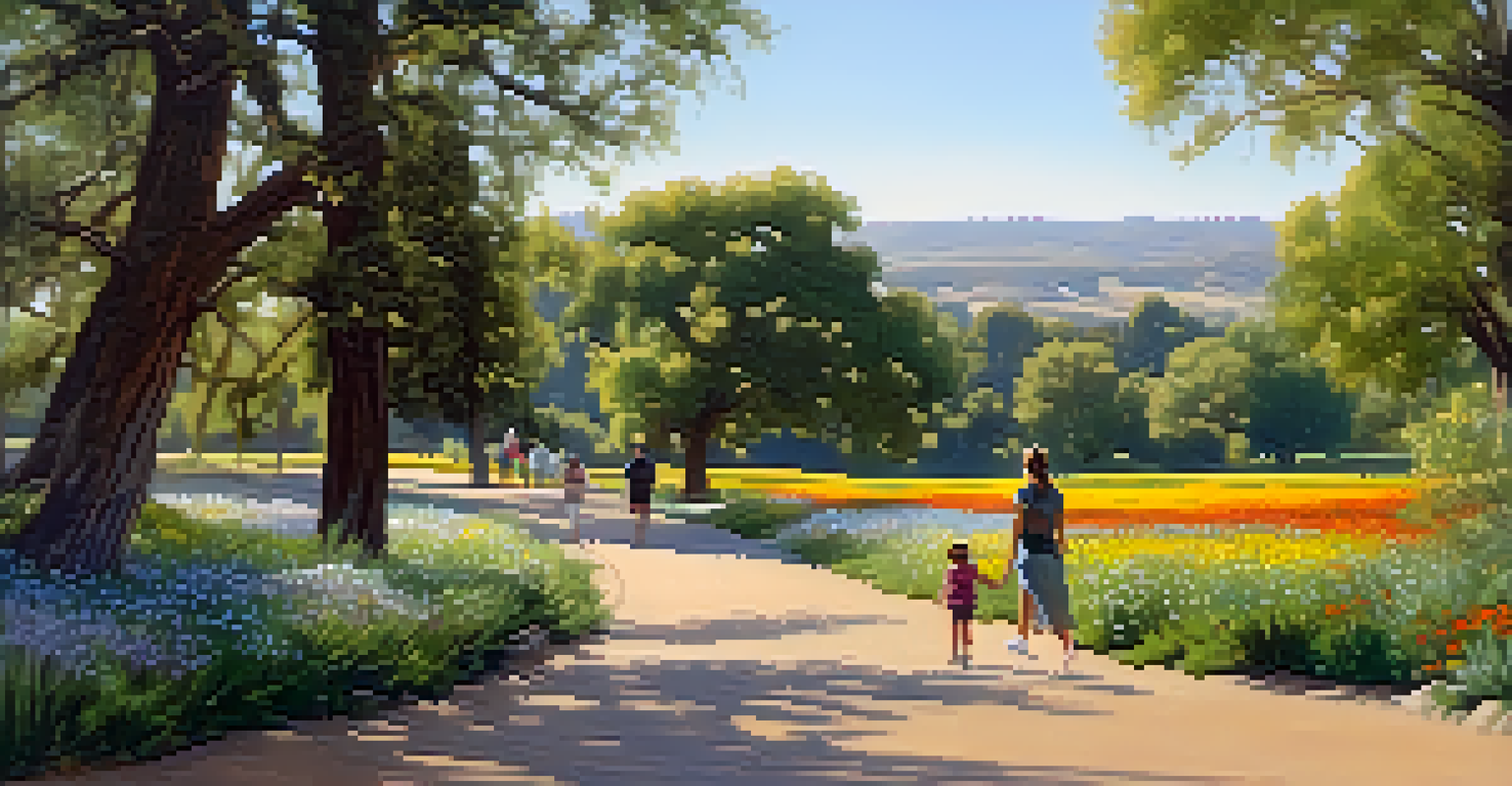 A family hiking on a gentle trail surrounded by wildflowers at Will Rogers State Historic Park.