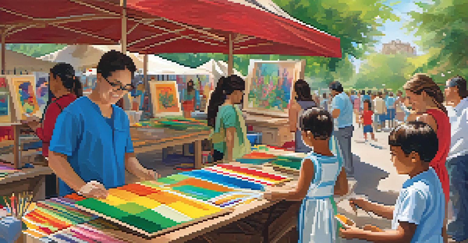 A family-friendly arts and crafts station at a cultural festival, with children and adults creating colorful crafts amid vibrant decorations.