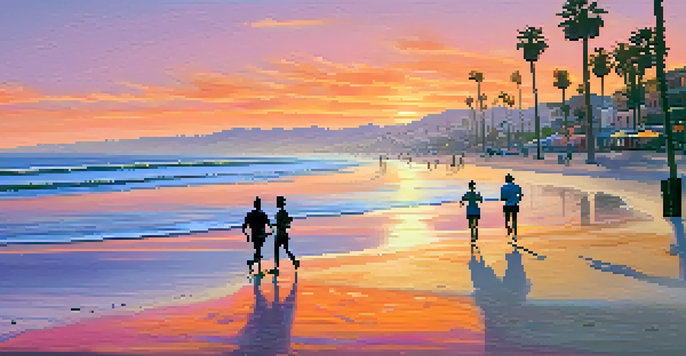 A beachside scene in Santa Monica at sunset, featuring a health coach and client jogging along the shoreline.