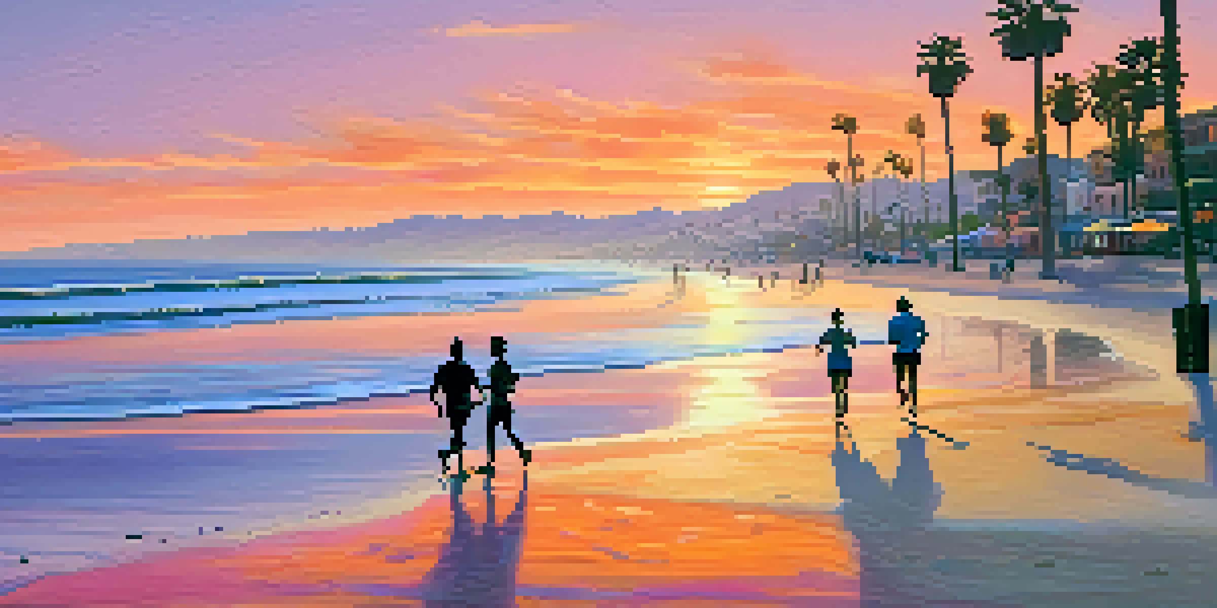 A beachside scene in Santa Monica at sunset, featuring a health coach and client jogging along the shoreline.