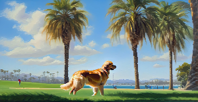 A golden retriever playing fetch with its owner in a sunny park, surrounded by palm trees and a blue sky.