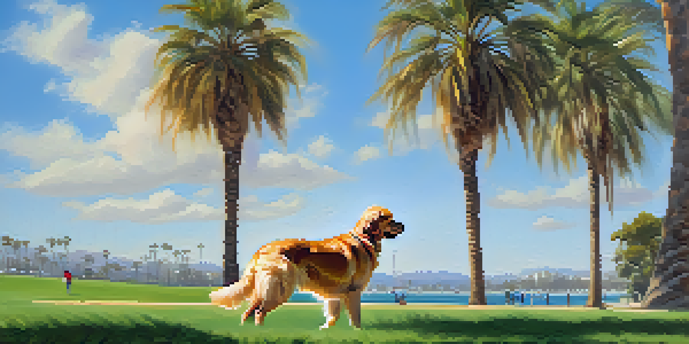 A golden retriever playing fetch with its owner in a sunny park, surrounded by palm trees and a blue sky.