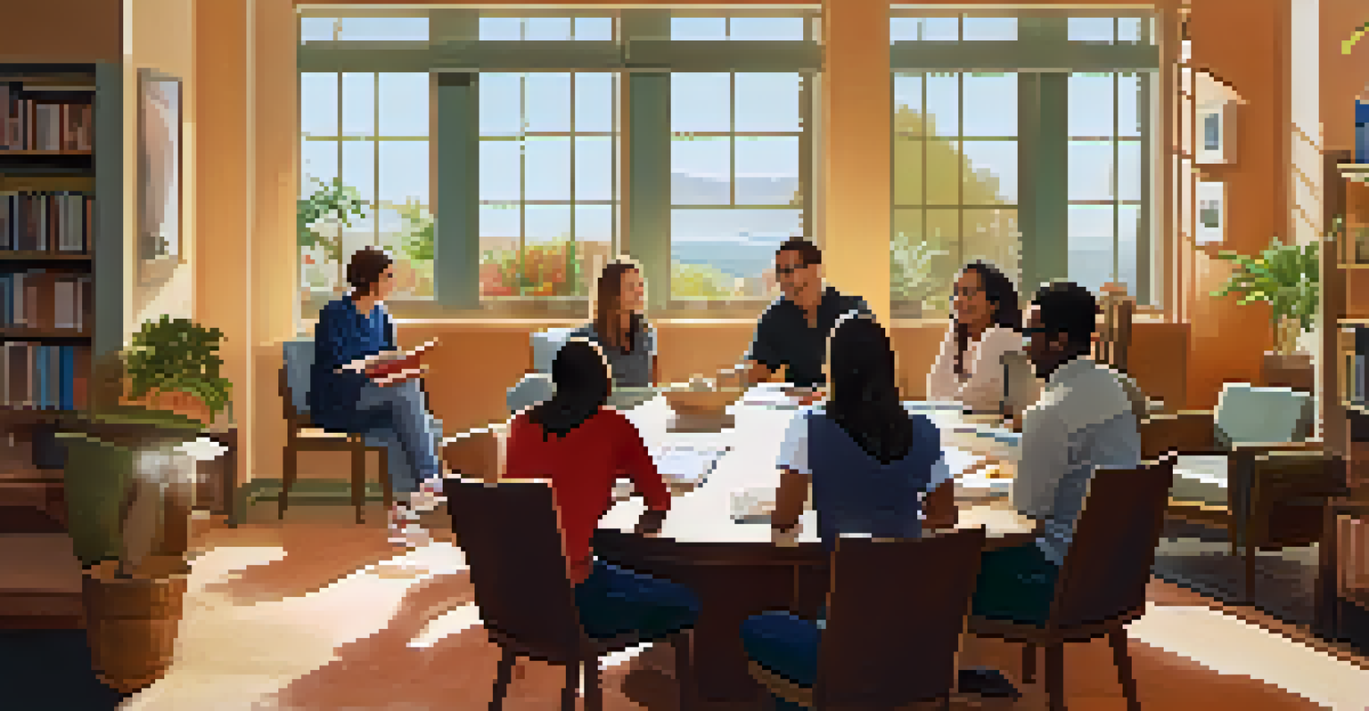 A cozy study area where adults are engaging in a discussion about personal development at a community center.