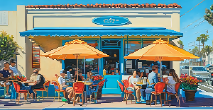 A cafe in Santa Monica with outdoor seating, where a dog relaxes beside its owner enjoying coffee and pastries in a sunny environment.