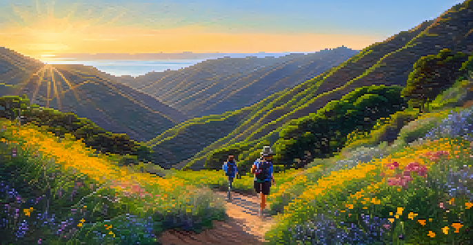 A group of hikers on a green trail in the Santa Monica Mountains during sunset, surrounded by blooming wildflowers.