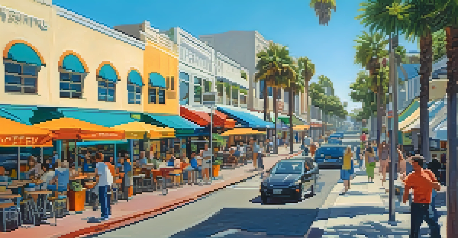 An aerial view of a lively Santa Monica street with colorful shops, outdoor cafes, and people walking around.