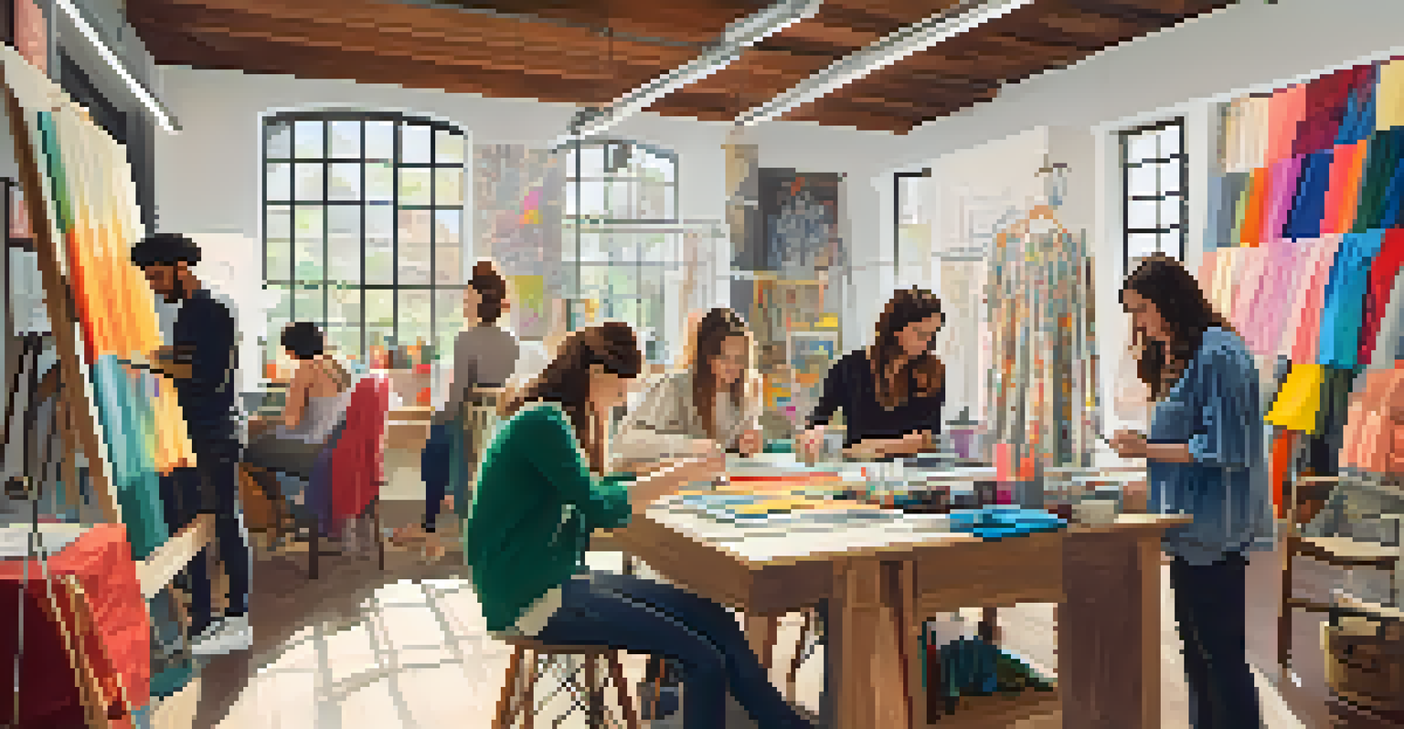 A warm workshop in Santa Monica with aspiring designers sketching and discussing sustainable fashion surrounded by fabrics and sewing materials.