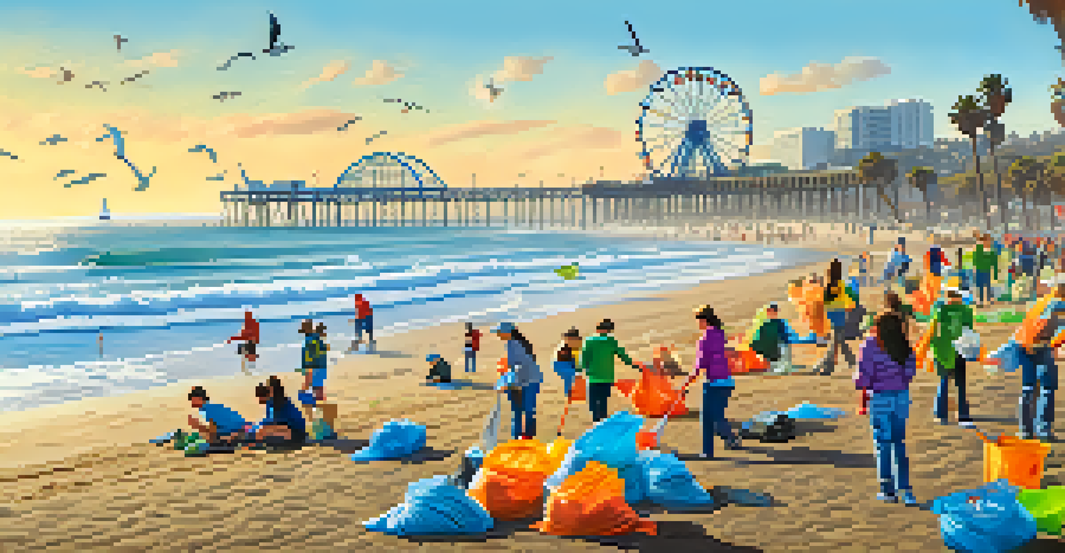 Volunteers of various ages participating in a beach cleanup event in Santa Monica, with the ocean and pier in the background.