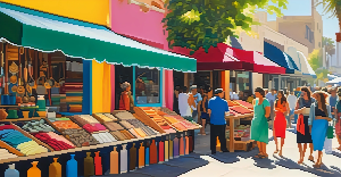 A lively artisan market in Santa Monica filled with colorful handmade products and diverse people interacting with artisans under bright sunlight.
