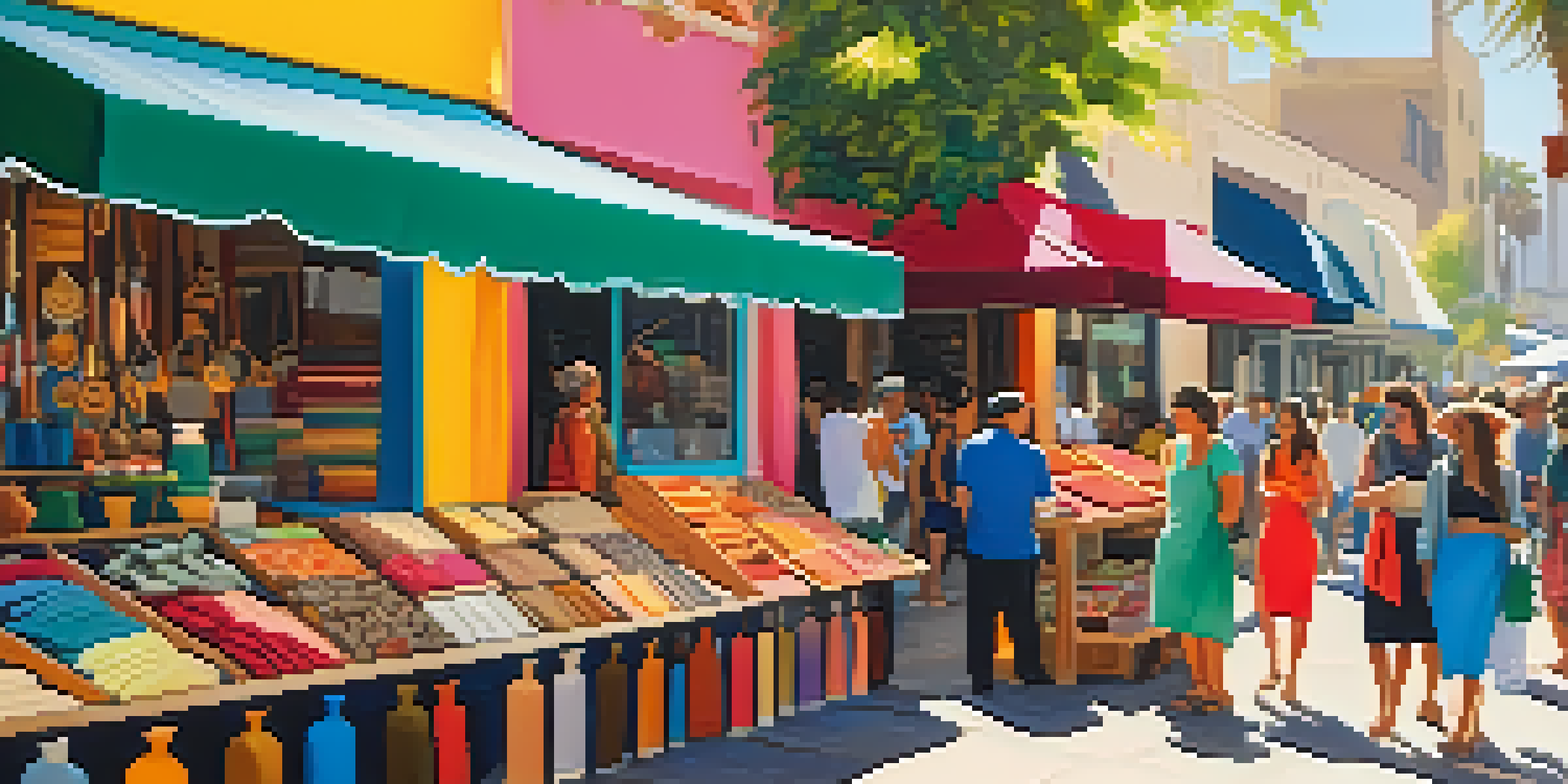 A lively artisan market in Santa Monica filled with colorful handmade products and diverse people interacting with artisans under bright sunlight.