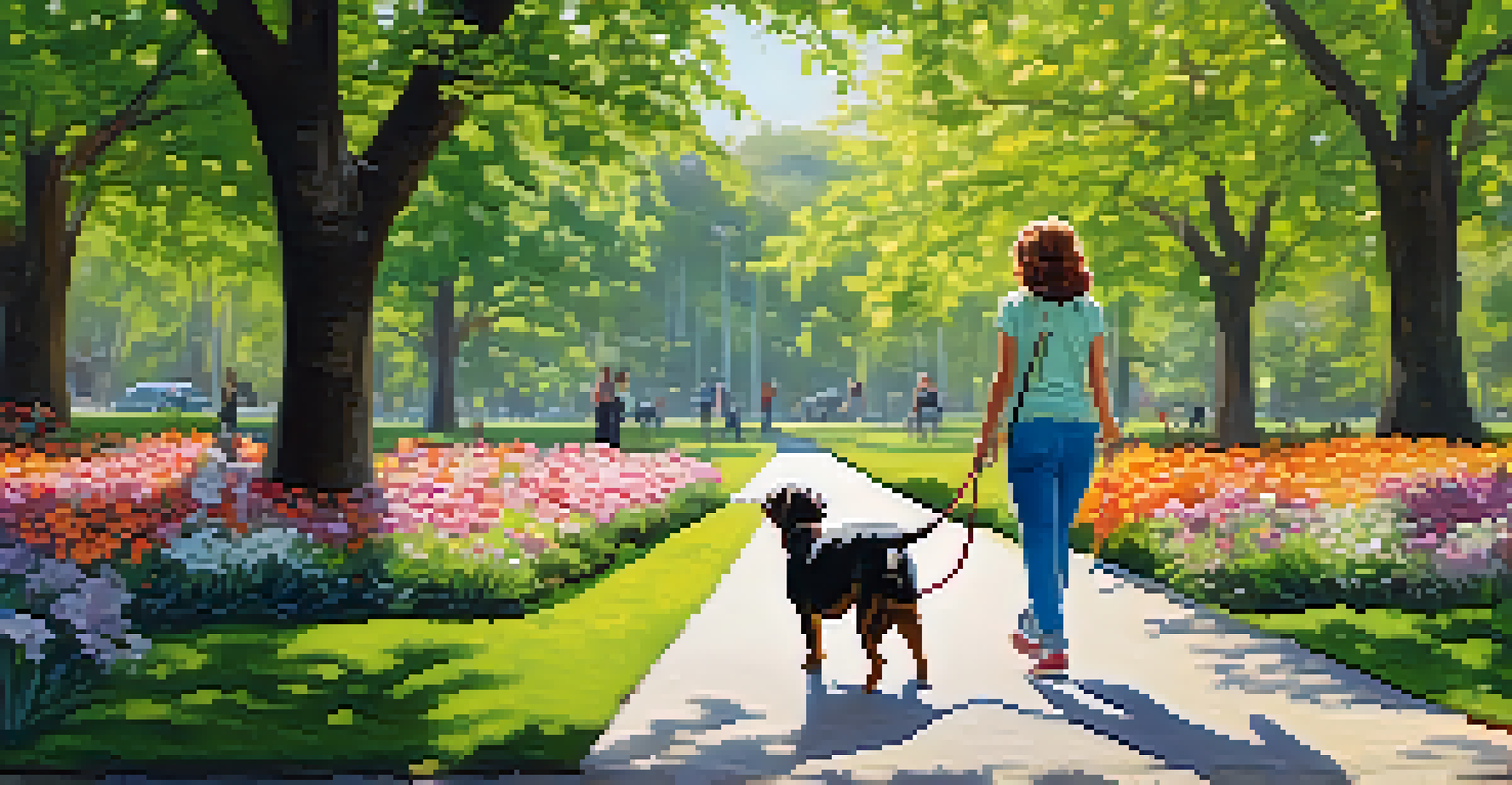 A pet owner smiling while walking their dog in a sunny park filled with greenery and flowers.