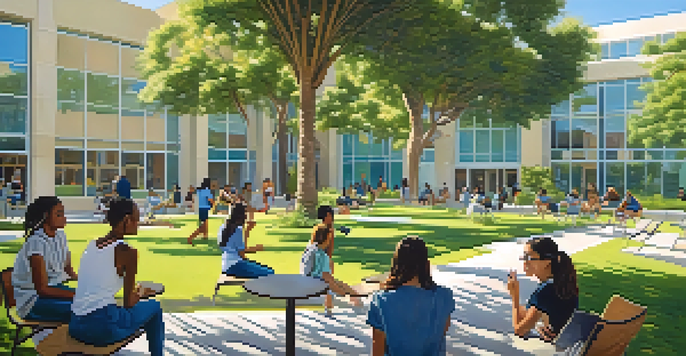 A sunny day at Santa Monica College with diverse students interacting in a green courtyard surrounded by modern buildings and palm trees.
