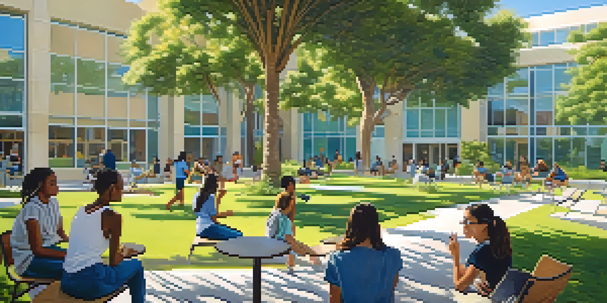 A sunny day at Santa Monica College with diverse students interacting in a green courtyard surrounded by modern buildings and palm trees.