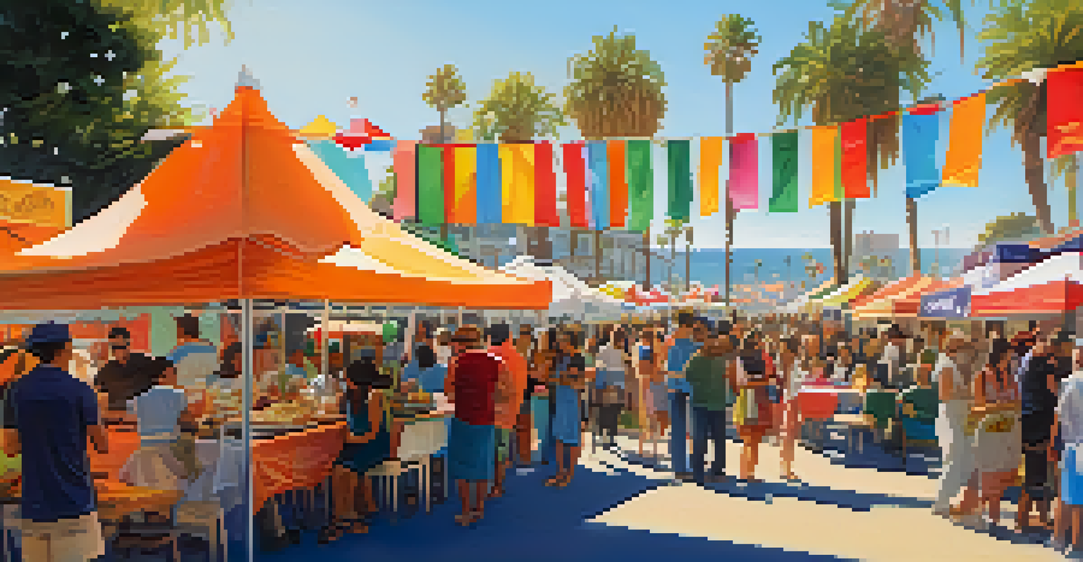 A colorful cultural festival in Santa Monica featuring booths with diverse cuisines and art, surrounded by happy attendees enjoying the atmosphere.