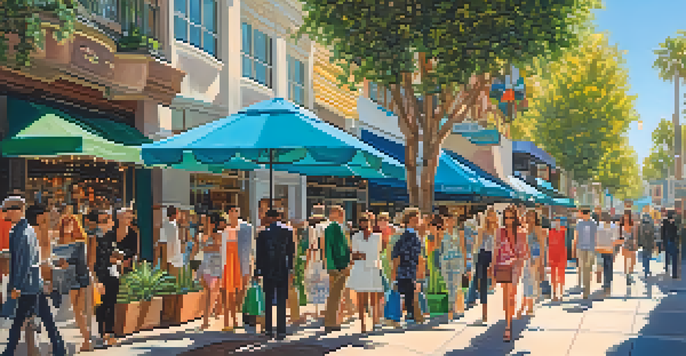 A sunny street view in Santa Monica with diverse shoppers and colorful boutiques, showcasing a lively fashion scene.