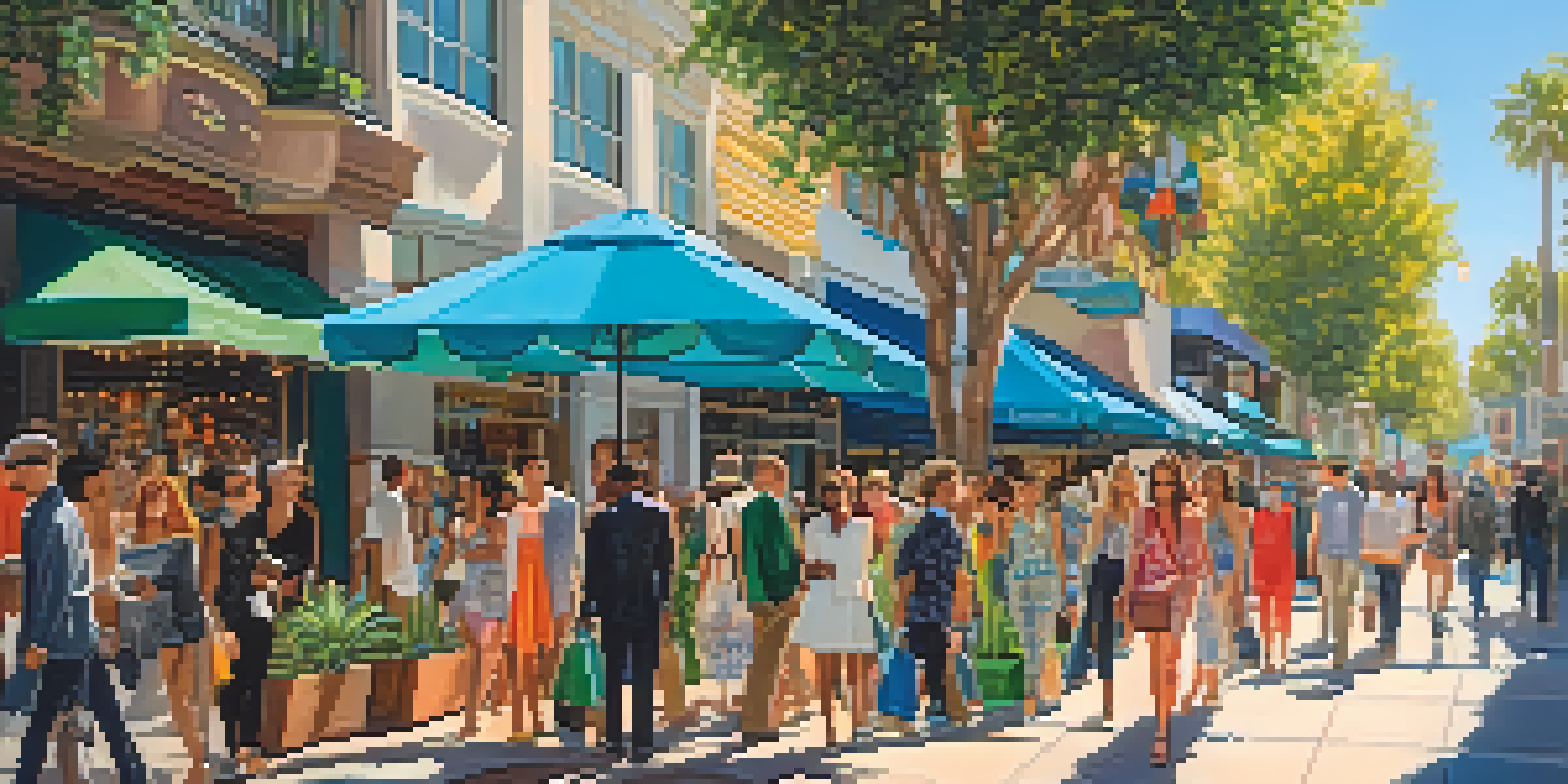 A sunny street view in Santa Monica with diverse shoppers and colorful boutiques, showcasing a lively fashion scene.
