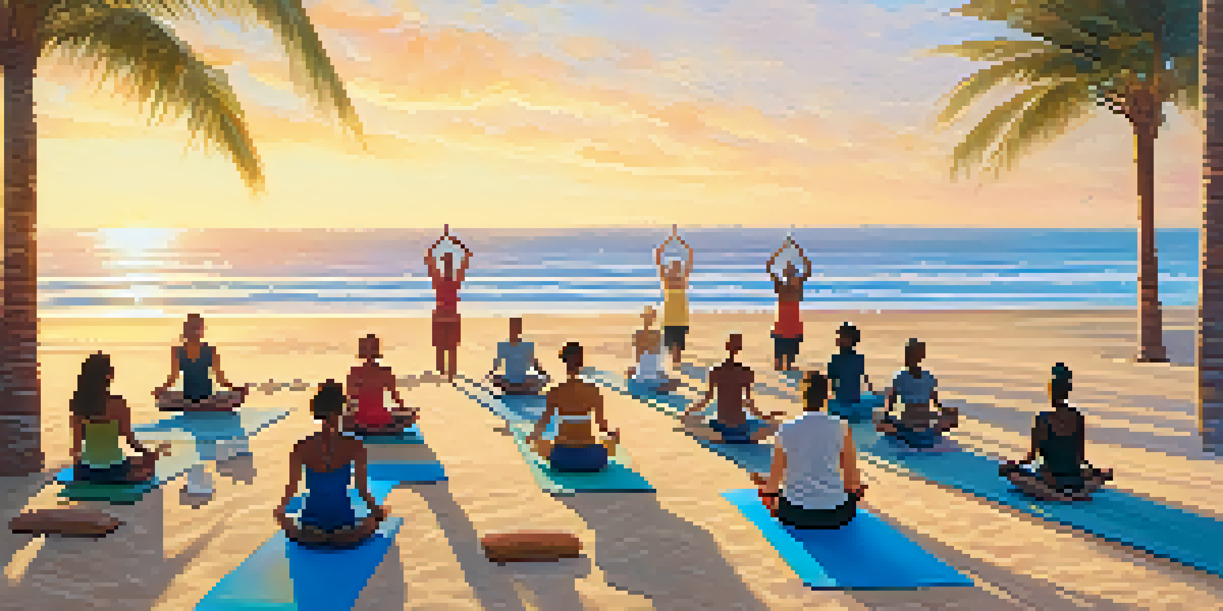 A group of people practicing yoga on the beach at sunrise, surrounded by soft golden light and gentle waves.