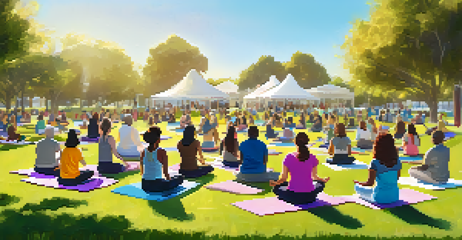 A community wellness workshop in a sunny park with participants sharing experiences and practicing mindfulness.