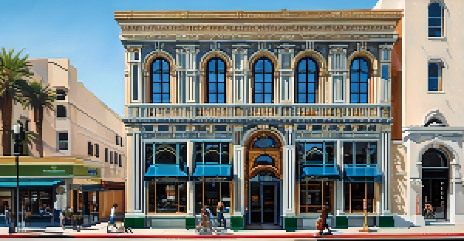 A street scene showing a mix of historic and modern buildings in Santa Monica.