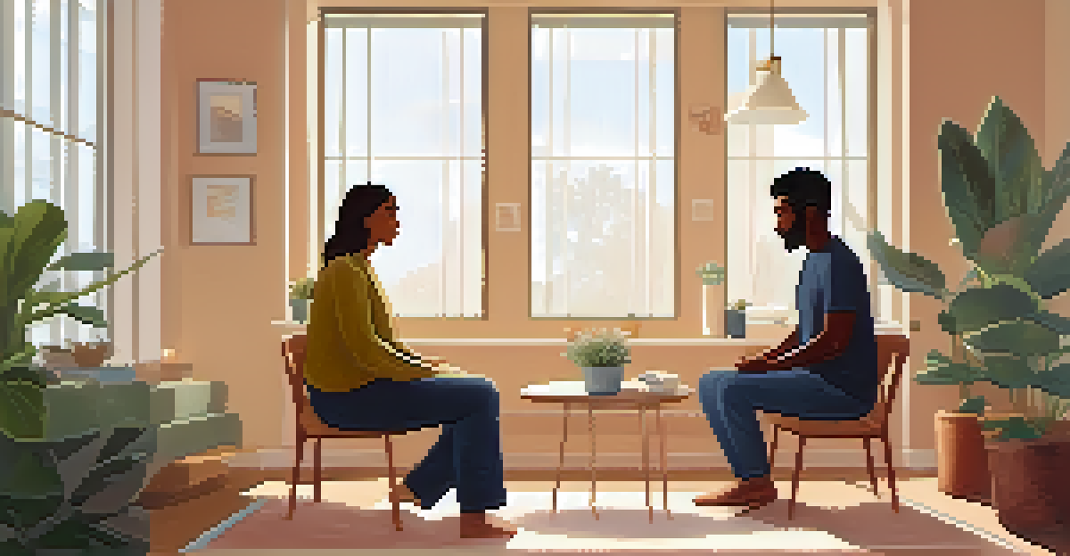 A cozy counseling session with a therapist and client in a warmly lit room, surrounded by plants and soft textures.