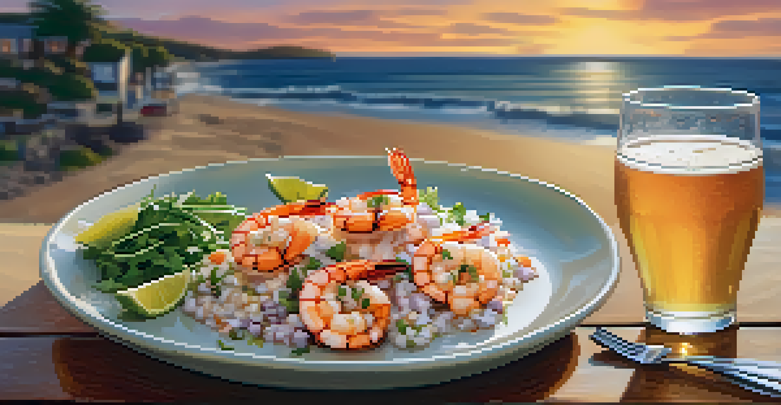 Grilled shrimp and ceviche on a plate next to a chilled wheat beer, with a beautiful coastal sunset in the background.