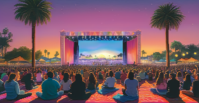 A lively outdoor theater festival in Santa Monica with diverse audiences enjoying a live performance, palm trees, and a colorful sunset sky.