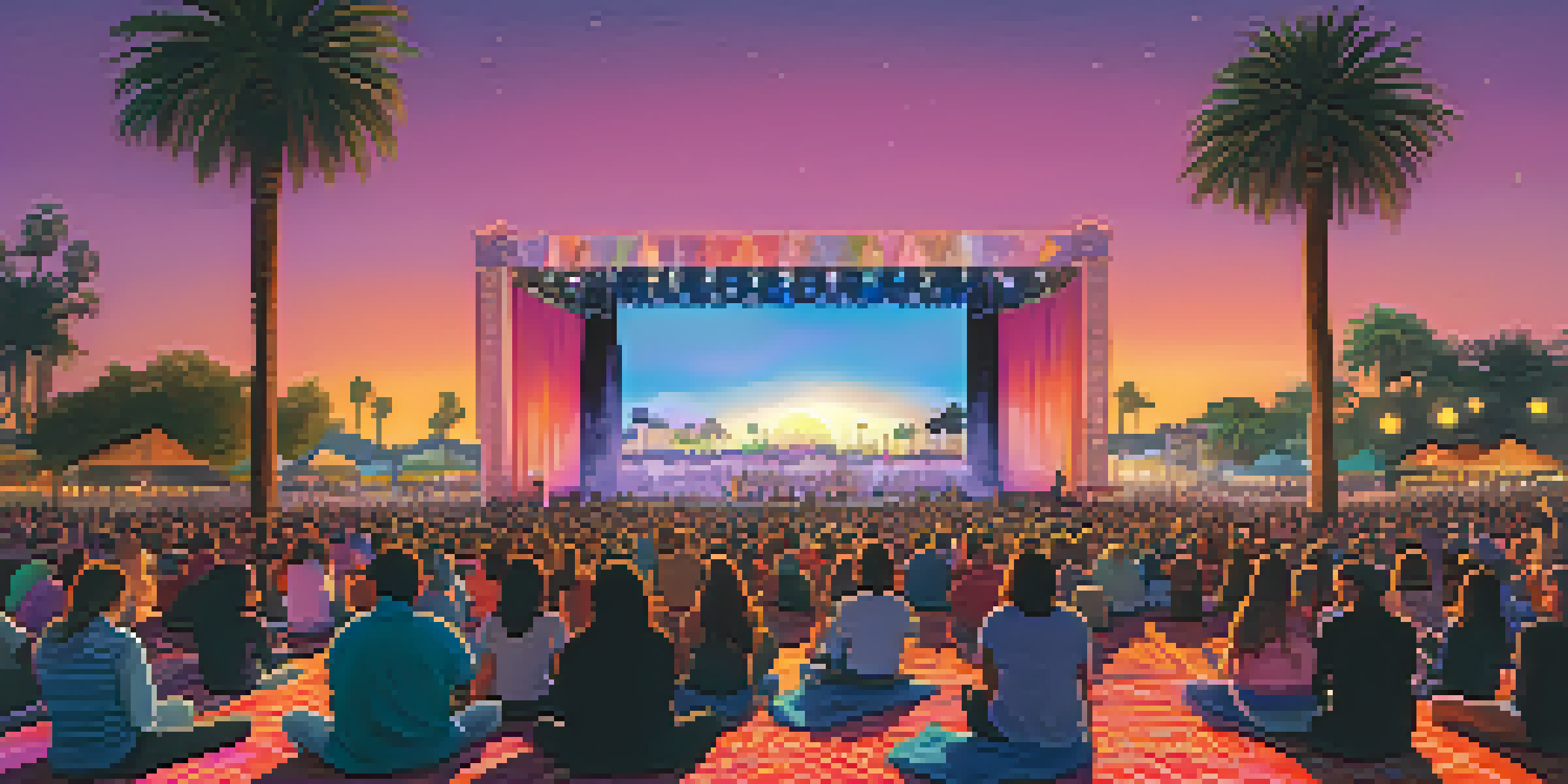 A lively outdoor theater festival in Santa Monica with diverse audiences enjoying a live performance, palm trees, and a colorful sunset sky.