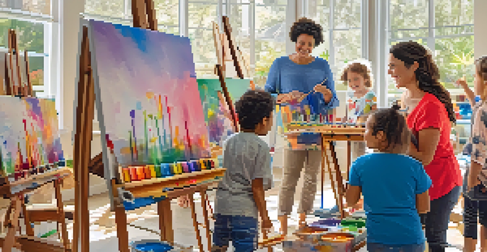 A family art workshop in Santa Monica with parents and children painting together, surrounded by colorful art supplies and bright natural light.