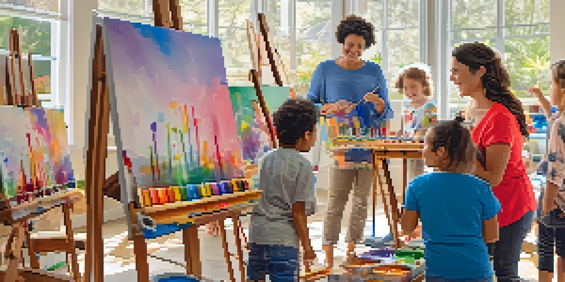 A family art workshop in Santa Monica with parents and children painting together, surrounded by colorful art supplies and bright natural light.