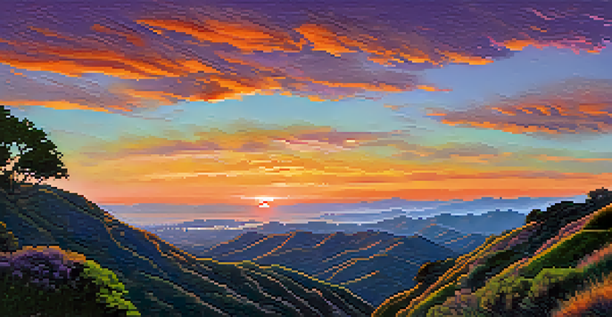 A hiker standing on a trail in the Santa Monica Mountains, overlooking a sunset landscape with colorful skies and rocky terrain.