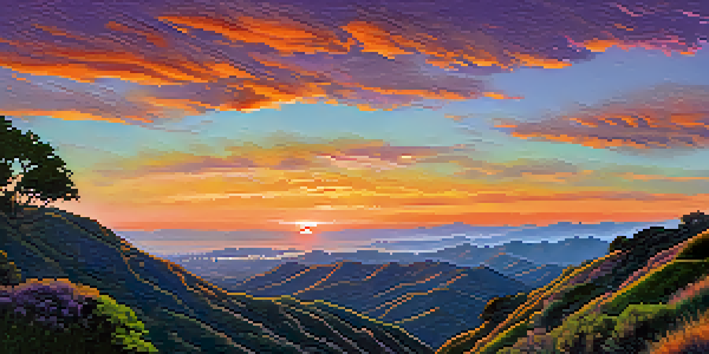 A hiker standing on a trail in the Santa Monica Mountains, overlooking a sunset landscape with colorful skies and rocky terrain.