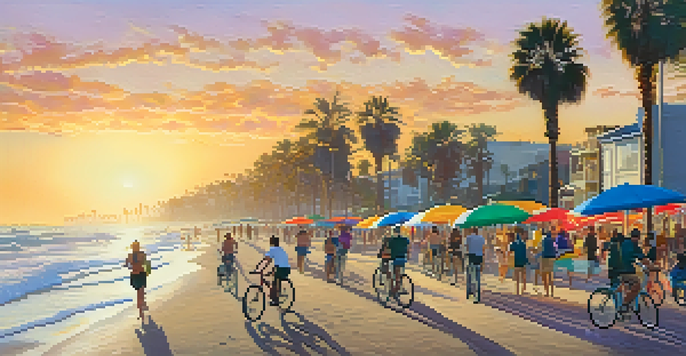 A lively beach scene in Santa Monica with people biking and walking along a pathway, palm trees, and a sunset over the ocean.